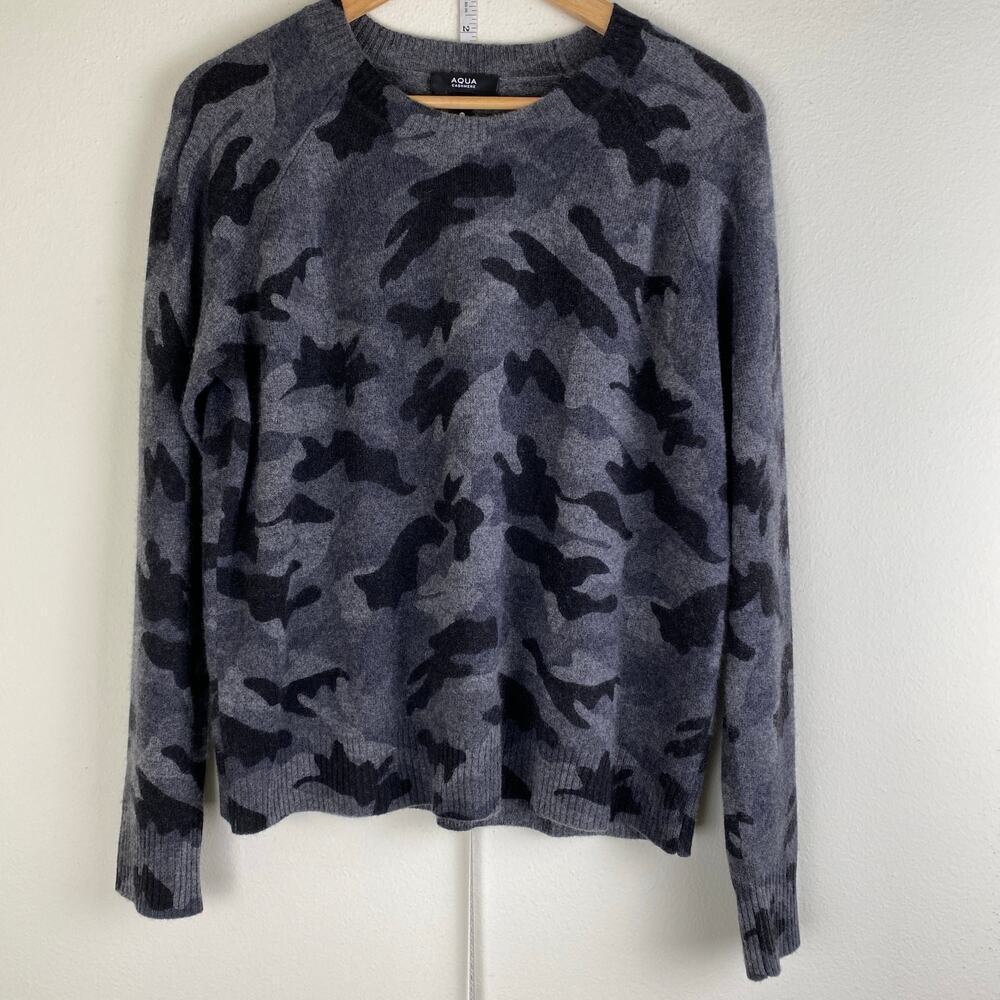Aqua 100% Cashmere Camo Crewneck Sweater Gray Black Medium - Picture 10 of 16
